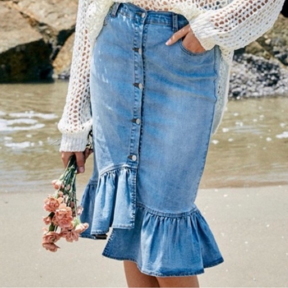 Hayden Dresses & Skirts - SOLD OUT New! Denim Mermaid Midi Skirt Ruffle Hem